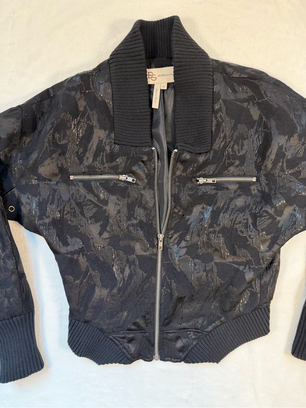 BCBGeneration Black Textured Bomber Jacket with Ribbed Collar & Sleeves